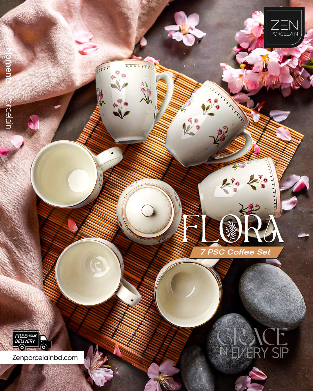Flora 7 Pcs Coffee Set With Gold Lining