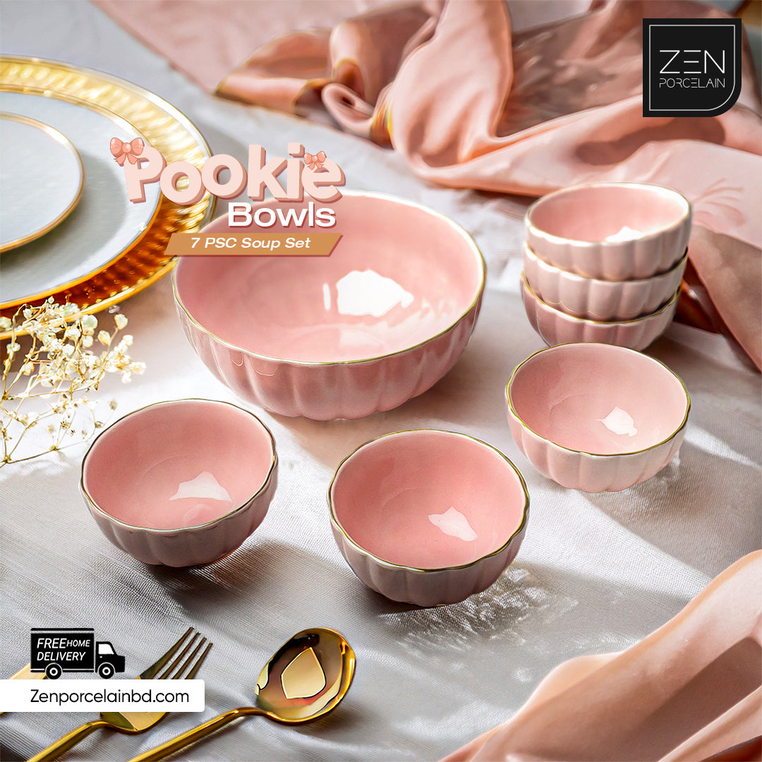 Pookie Bowl 7 Pieces Soup Bowl Set - (With Gold Lining)