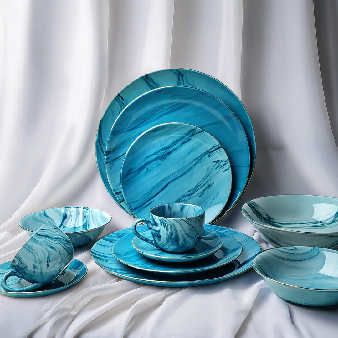 Aqua Marble 32 Pieces Dinner Set (With Gold Lining)