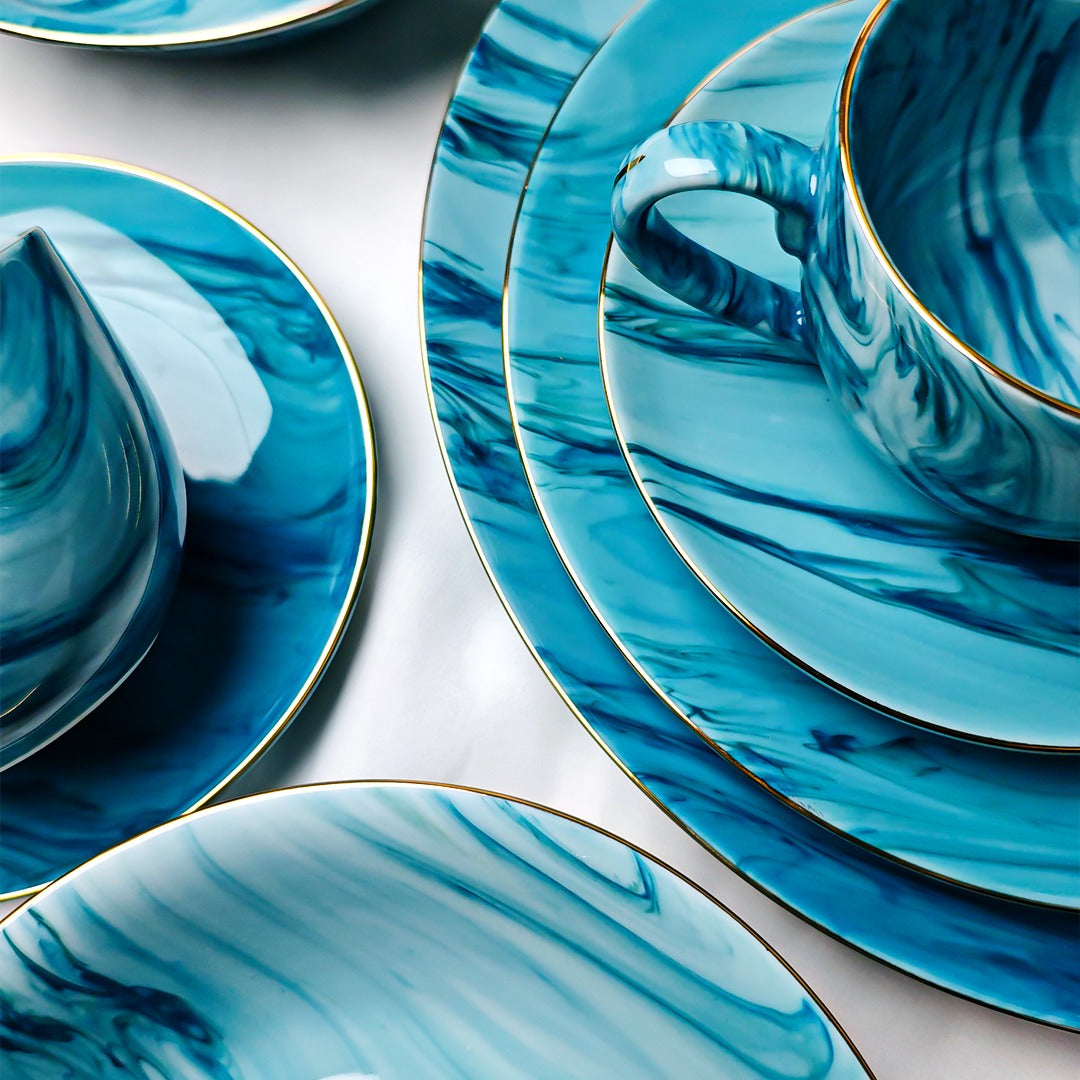 Aqua Marble 32 Pieces Dinner Set (With Gold Lining)