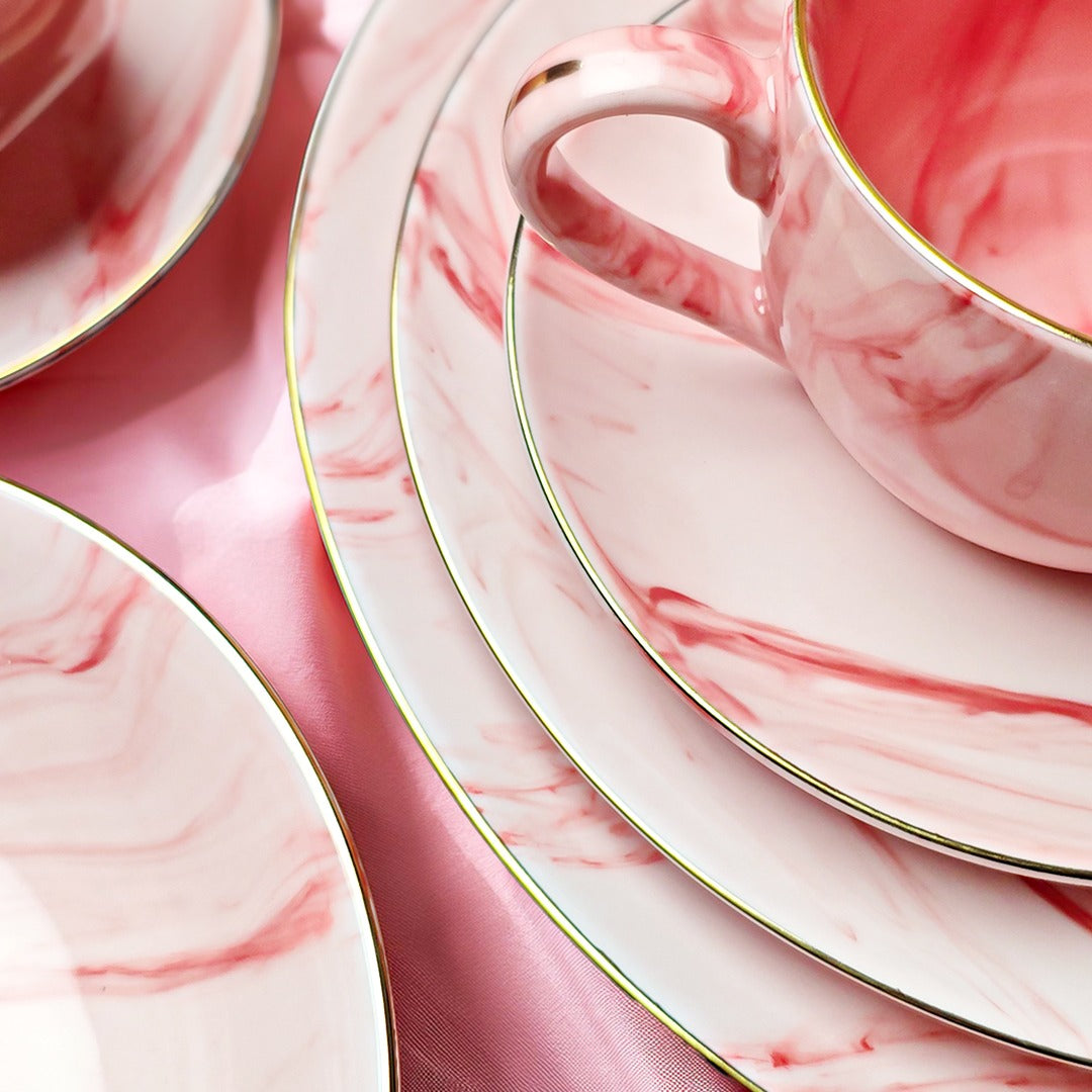 Marble Rose 32 Pieces Dinner Set (With Gold Lining)