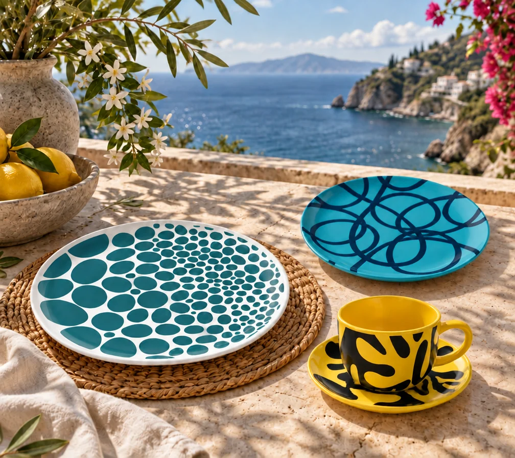 Imperfection Lagoon pebble dinner plate with a Lido dessert plate and a Citron cup and saucer on a sunlit terrace above the sea