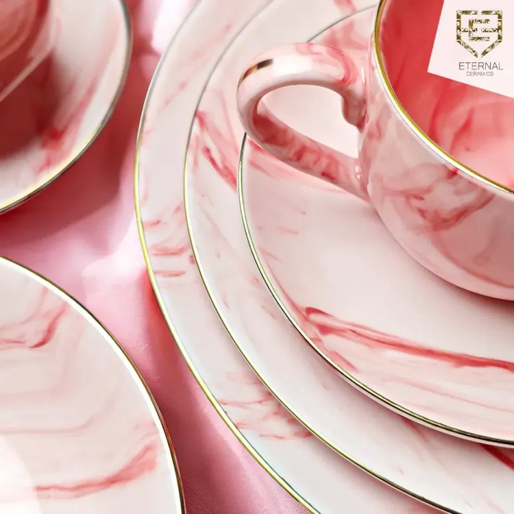 Marble Rose 32 Pieces Dinner Set (With Gold Lining)