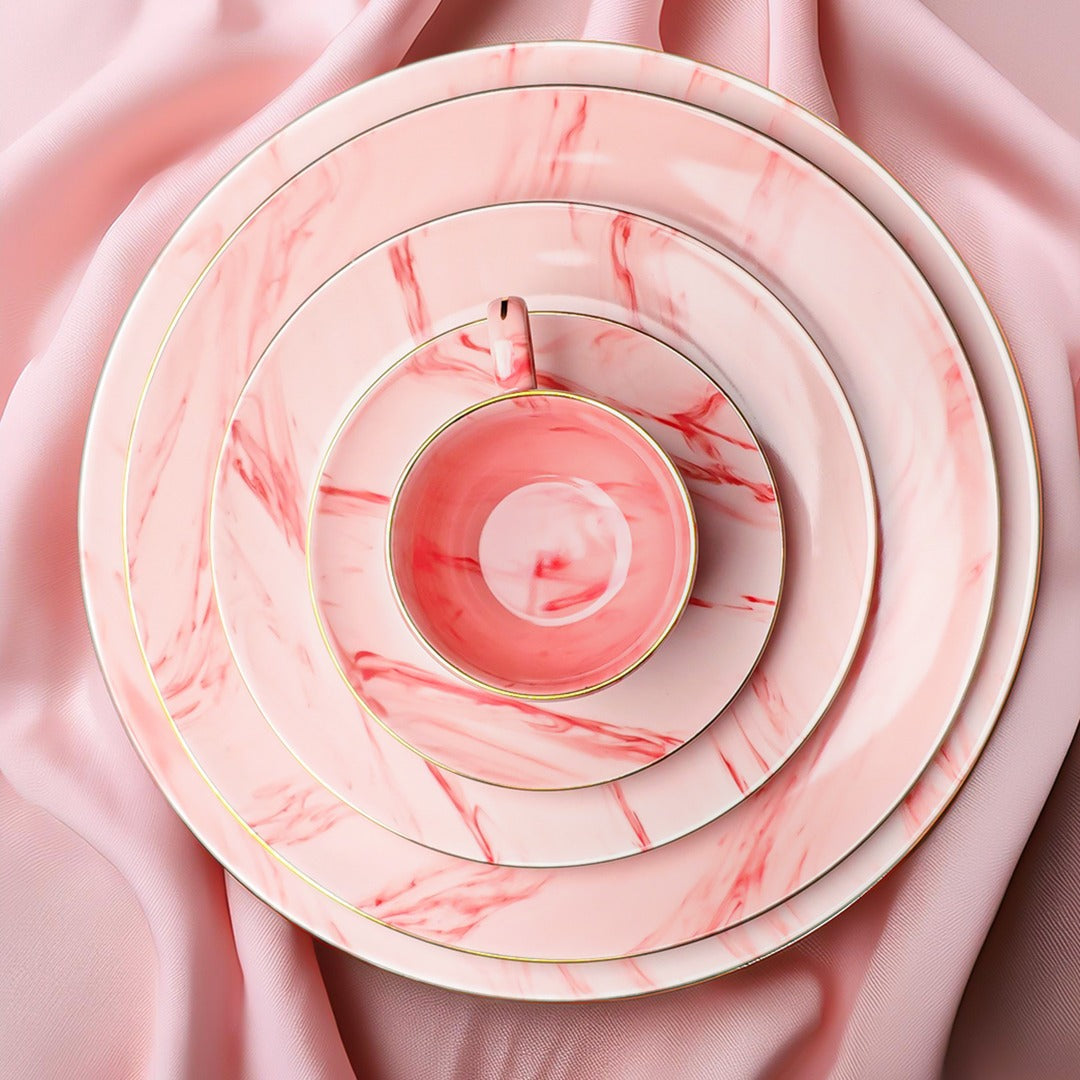 Marble Rose 32 Pieces Dinner Set (With Gold Lining)